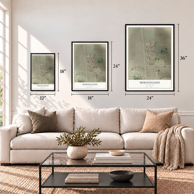 Morningside, New Mexico map in 12 x 18, 18 x 24 and 24 x 36 inch sizes above a sofa
