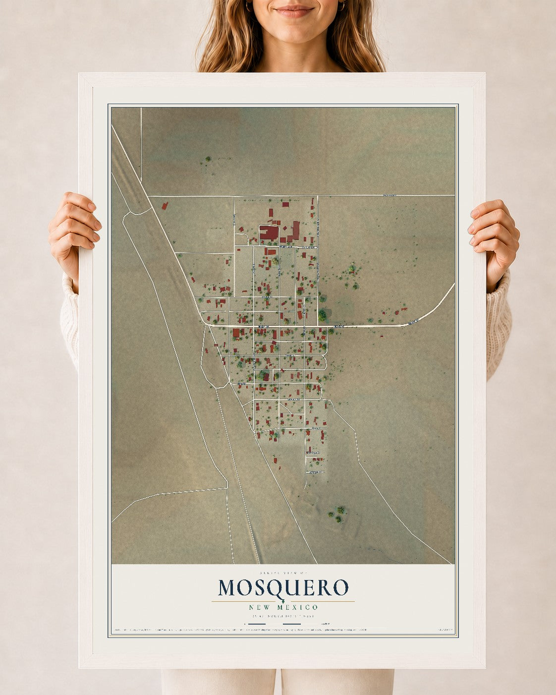 Map of Mosquero, New Mexico, 24 x 36 inch print in a white wood frame