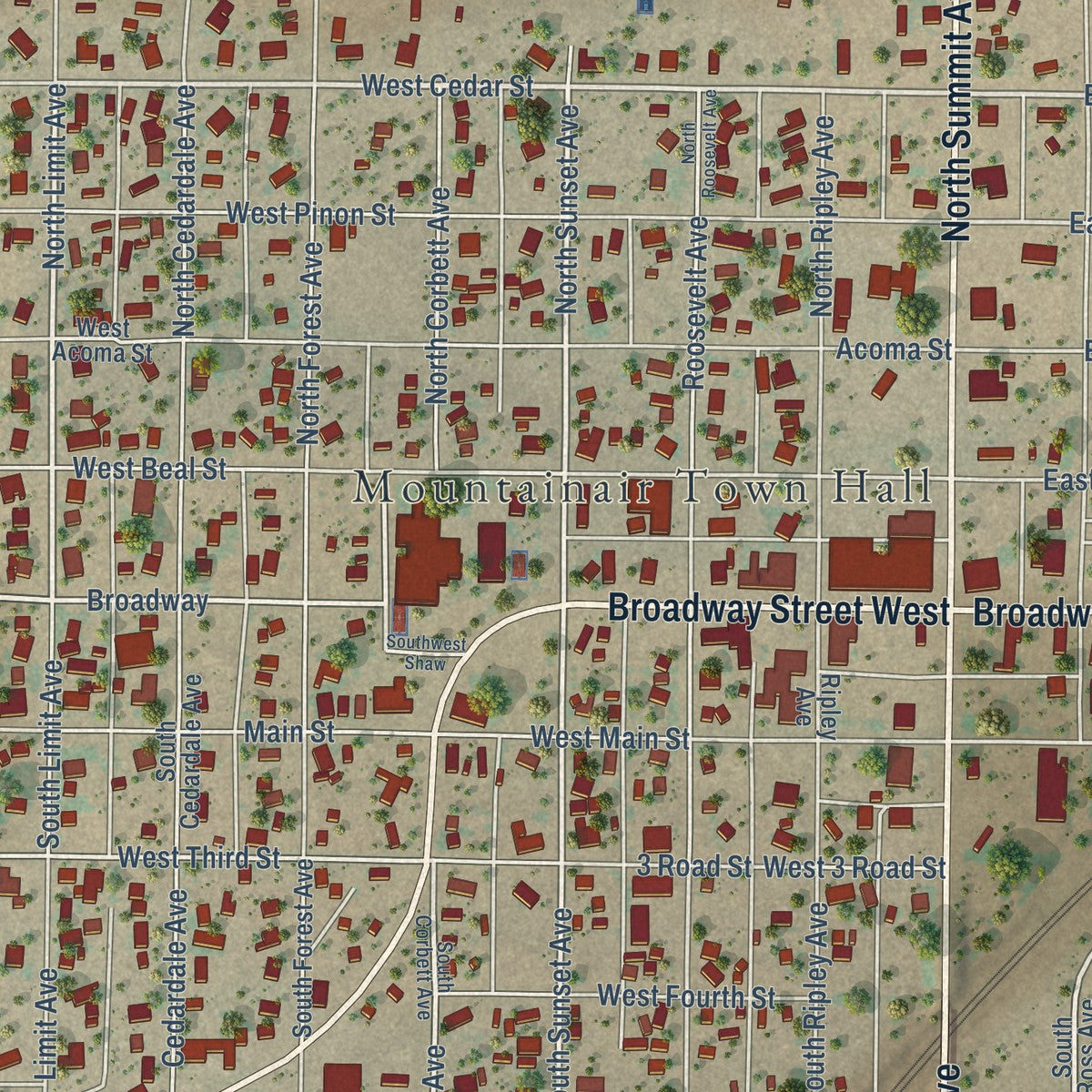 Close-up of the map of Mountainair, New Mexico print showing street and building detail