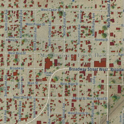 Close-up of the map of Mountainair, New Mexico print showing street and building detail