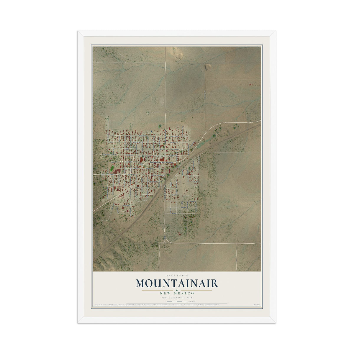 Map of Mountainair, New Mexico, 12 x 18 inch print in a white wood frame