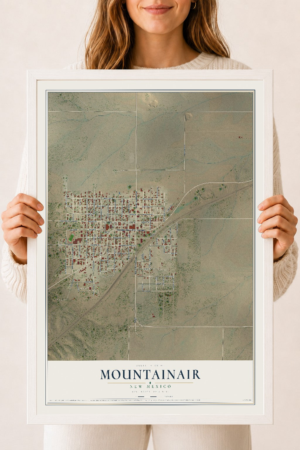 Map of Mountainair, New Mexico, 18 x 24 inch print in a white wood frame