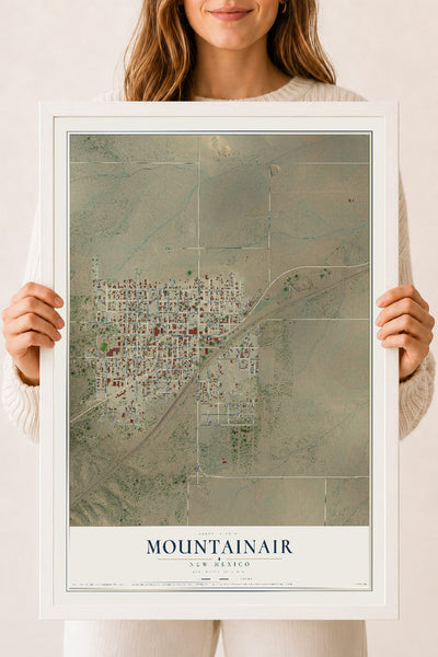 Map of Mountainair, New Mexico, 18 x 24 inch print in a white wood frame