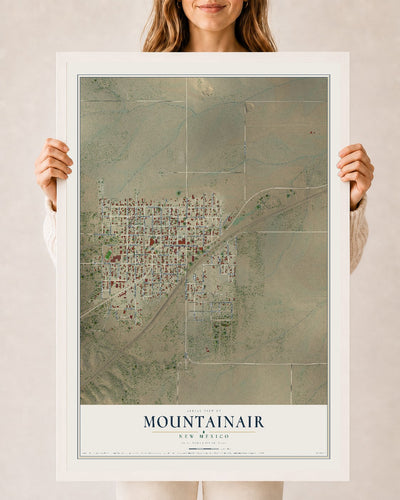 Map of Mountainair, New Mexico, 24 x 36 inch print in a white wood frame
