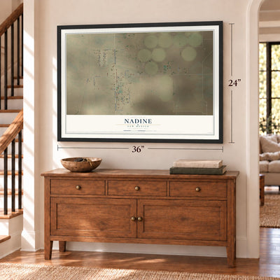 Nadine, New Mexico map, 24 x 36 inch print in a black frame above a dresser by a staircase