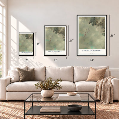 Napi Headquarters, New Mexico map in 12 x 18, 18 x 24 and 24 x 36 inch sizes above a sofa