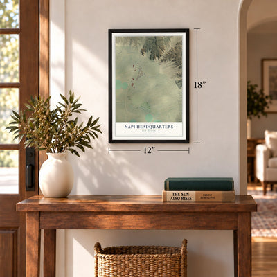Napi Headquarters, New Mexico map, 12 x 18 inch print in a black frame in an entryway