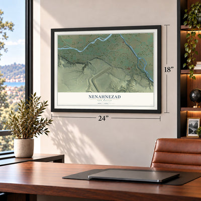 Nenahnezad, New Mexico map, 18 x 24 inch print in a black frame in a home office
