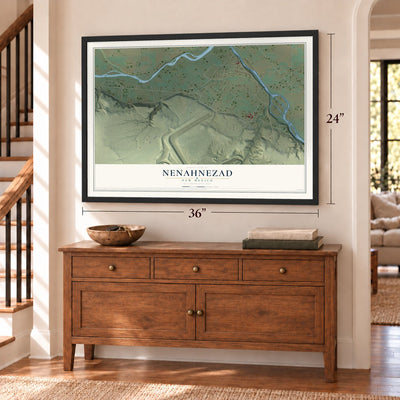 Nenahnezad, New Mexico map, 24 x 36 inch print in a black frame above a dresser by a staircase
