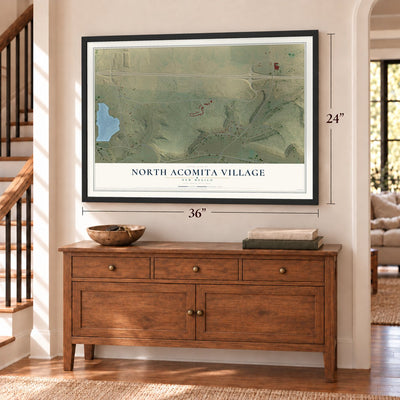 North Acomita Village, New Mexico map, 24 x 36 inch print in a black frame above a dresser by a staircase