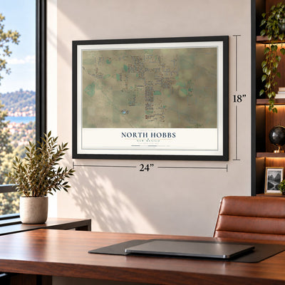 North Hobbs, New Mexico map, 18 x 24 inch print in a black frame in a home office