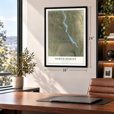 North Hurley, New Mexico map, 18 x 24 inch print in a black frame in a home office