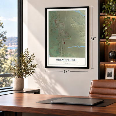 Ohkay Owingeh, New Mexico map, 18 x 24 inch print in a black frame in a home office