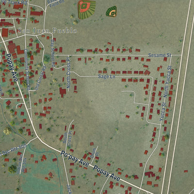 Close-up of the map of Ohkay Owingeh, New Mexico print showing street and building detail