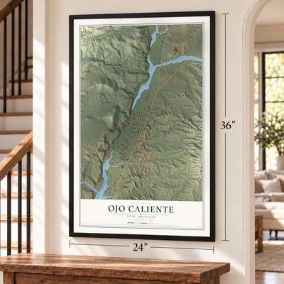 Ojo Caliente, New Mexico map, 24 x 36 inch print in a black frame by a staircase