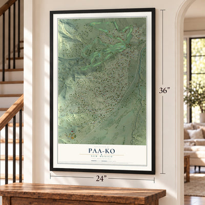 Paa-Ko, New Mexico map, 24 x 36 inch print in a black frame by a staircase