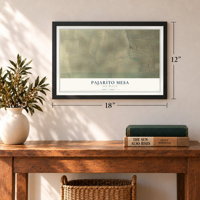 Pajarito Mesa, New Mexico map, 12 x 18 inch print in a black frame in an entryway