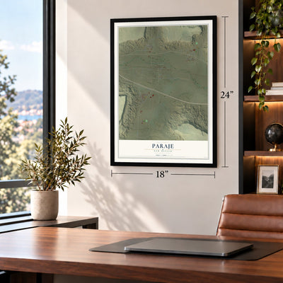 Paraje, New Mexico map, 18 x 24 inch print in a black frame in a home office