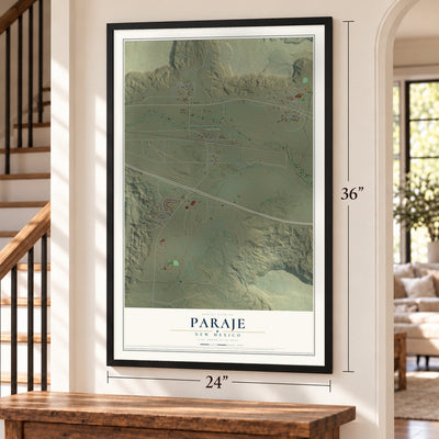 Paraje, New Mexico map, 24 x 36 inch print in a black frame by a staircase