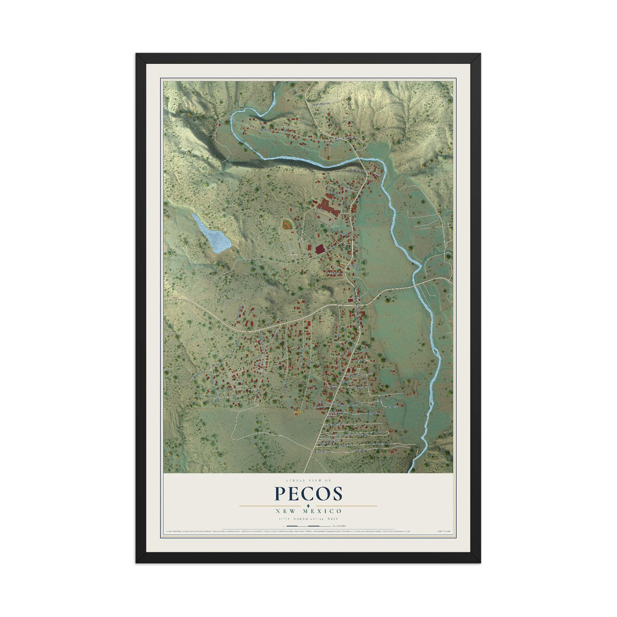 Map of Pecos, New Mexico, 12 x 18 inch print in a black wood frame