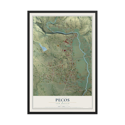 Map of Pecos, New Mexico, 12 x 18 inch print in a black wood frame