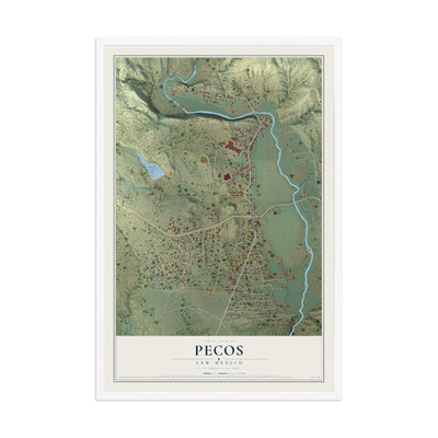 Map of Pecos, New Mexico, 12 x 18 inch print in a white wood frame