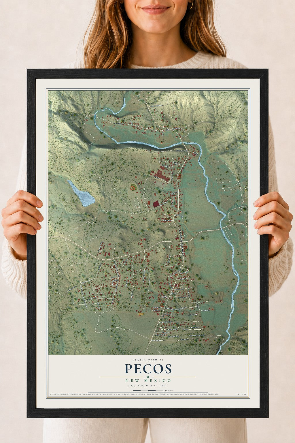 Map of Pecos, New Mexico, 18 x 24 inch print in a black wood frame