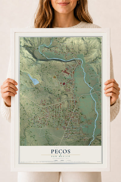 Map of Pecos, New Mexico, 18 x 24 inch print in a white wood frame