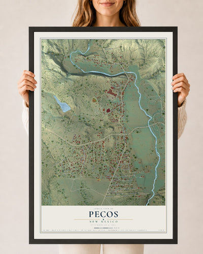 Map of Pecos, New Mexico, 24 x 36 inch print in a black wood frame