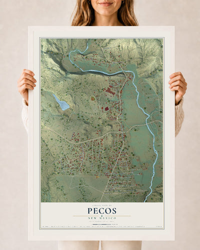 Map of Pecos, New Mexico, 24 x 36 inch print in a white wood frame