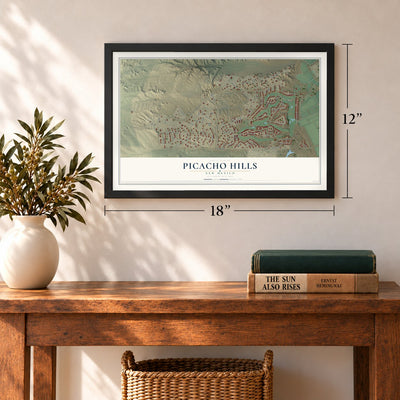 Picacho Hills, New Mexico map, 12 x 18 inch print in a black frame in an entryway