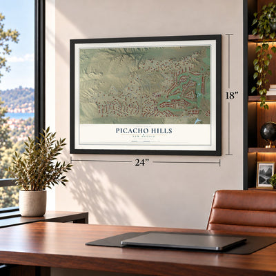 Picacho Hills, New Mexico map, 18 x 24 inch print in a black frame in a home office