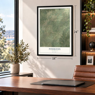 Pinehaven, New Mexico map, 18 x 24 inch print in a black frame in a home office