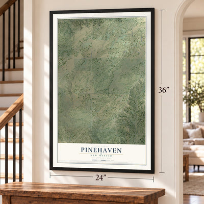 Pinehaven, New Mexico map, 24 x 36 inch print in a black frame by a staircase
