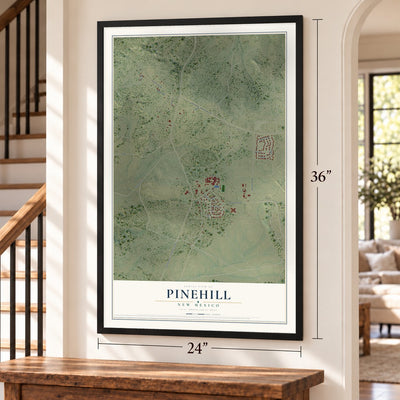 Pinehill, New Mexico map, 24 x 36 inch print in a black frame by a staircase