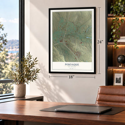 Pojoaque, New Mexico map, 18 x 24 inch print in a black frame in a home office
