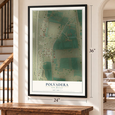 Polvadera, New Mexico map, 24 x 36 inch print in a black frame by a staircase