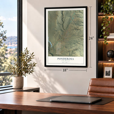 Ponderosa, New Mexico map, 18 x 24 inch print in a black frame in a home office