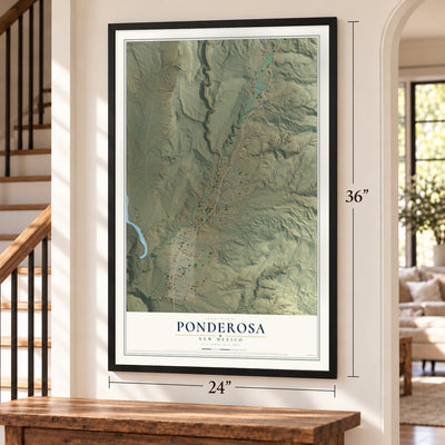 Ponderosa, New Mexico map, 24 x 36 inch print in a black frame by a staircase