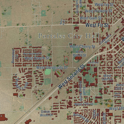 Close-up of the map of Portales, New Mexico print showing street and building detail