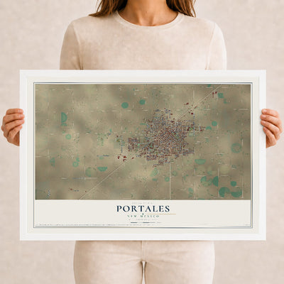 Map of Portales, New Mexico, 12 x 18 inch print in a white wood frame