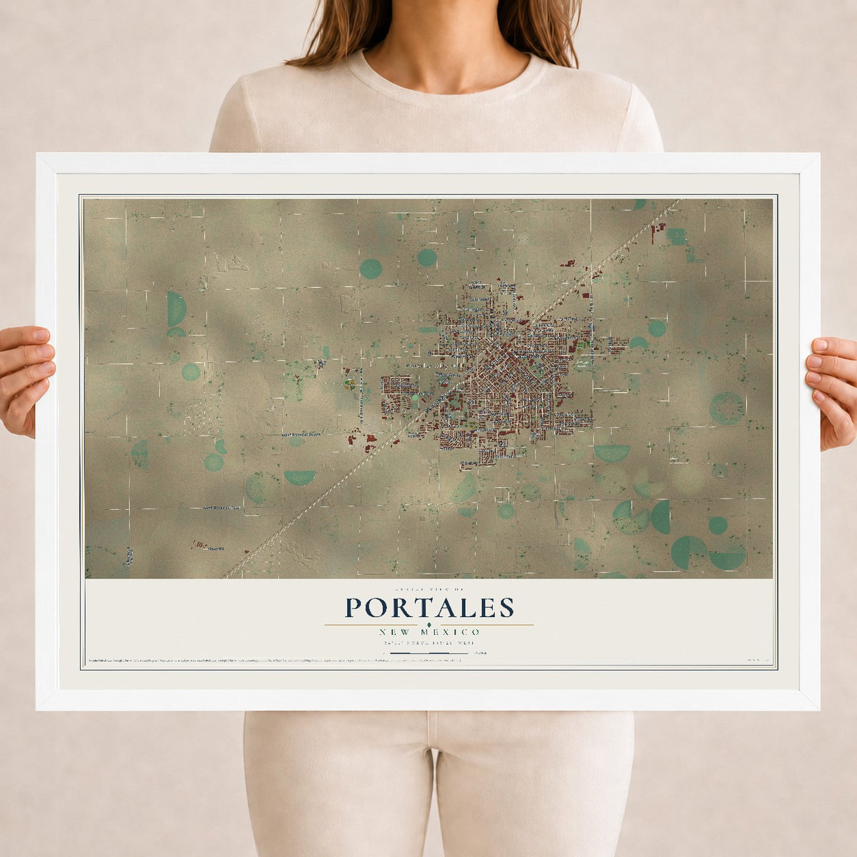 Map of Portales, New Mexico, 18 x 24 inch print in a white wood frame