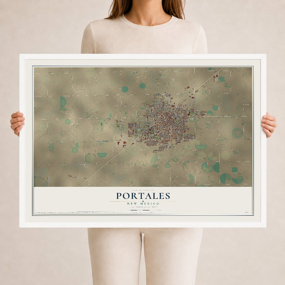Map of Portales, New Mexico, 24 x 36 inch print in a white wood frame