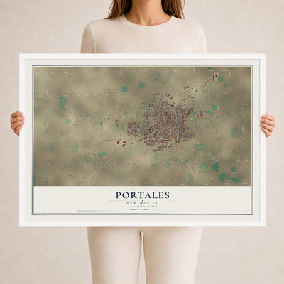 Map of Portales, New Mexico, 24 x 36 inch print in a white wood frame