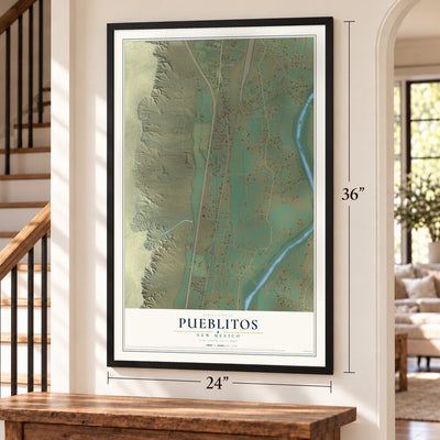 Pueblitos, New Mexico map, 24 x 36 inch print in a black frame by a staircase