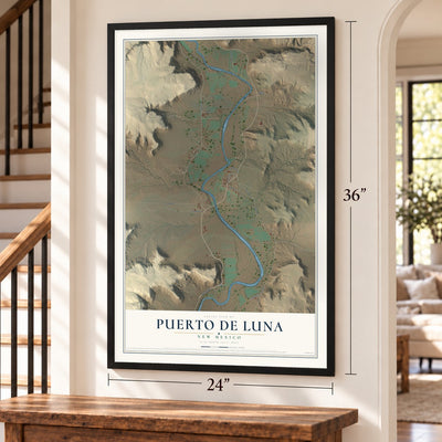 Puerto de Luna, New Mexico map, 24 x 36 inch print in a black frame by a staircase