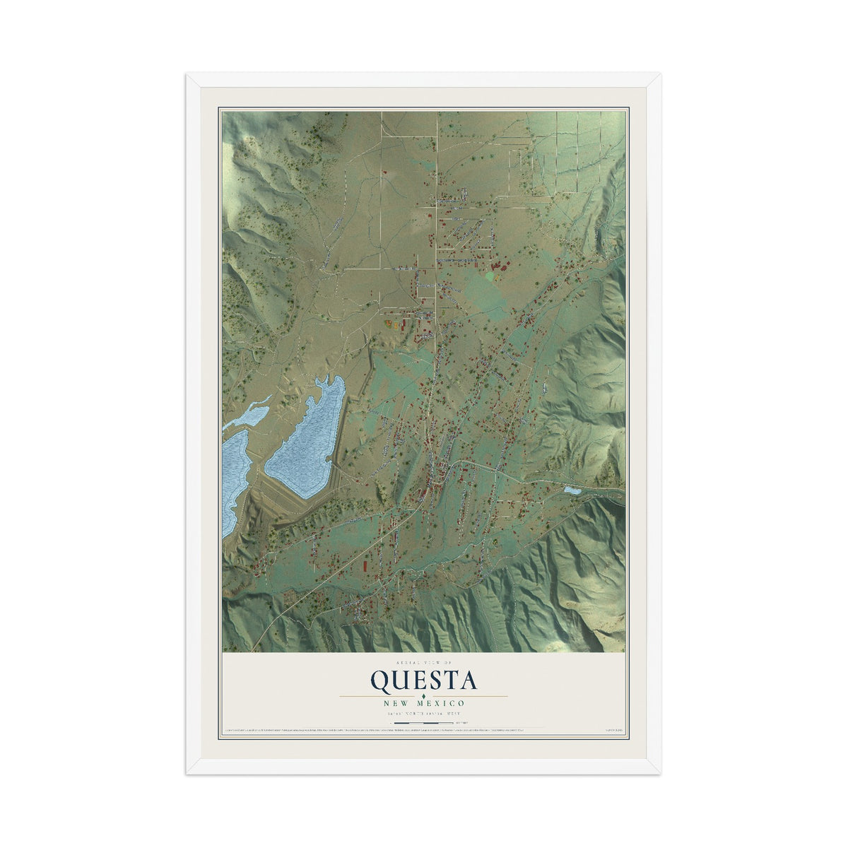 Map of Questa, New Mexico, 12 x 18 inch print in a white wood frame