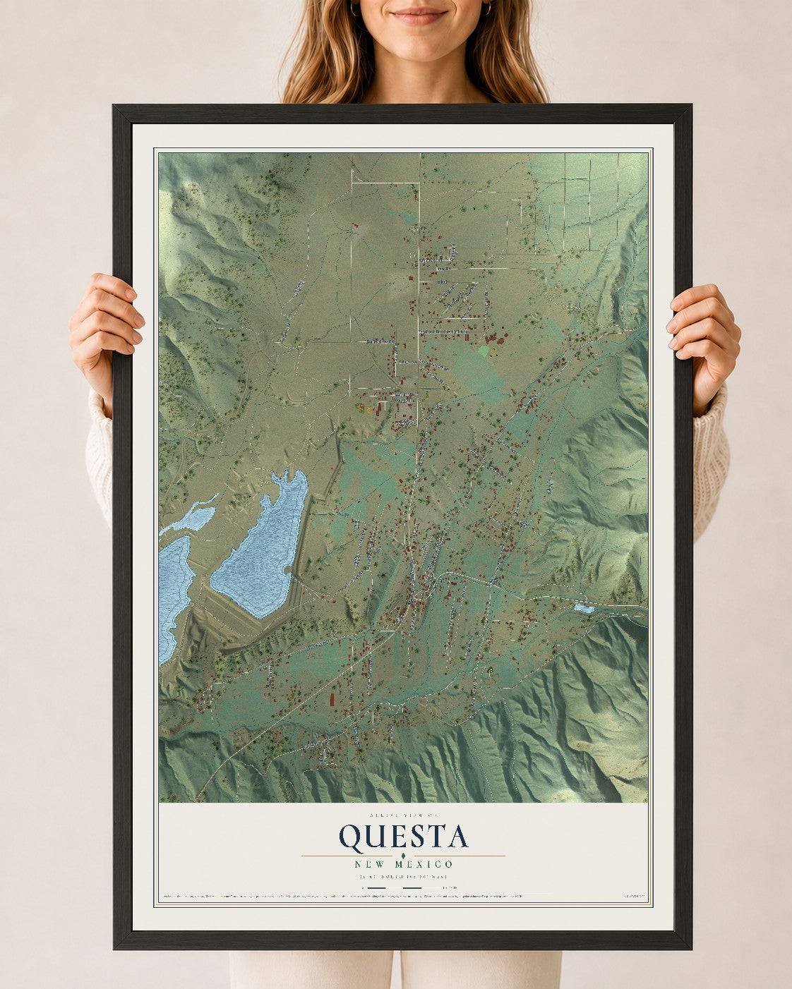 Map of Questa, New Mexico, 24 x 36 inch print in a black wood frame