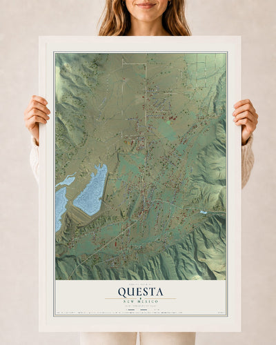 Map of Questa, New Mexico, 24 x 36 inch print in a white wood frame