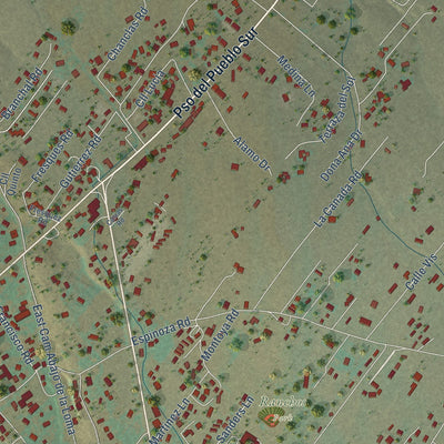 Close-up of the map of Ranchos de Taos, New Mexico print showing street and building detail